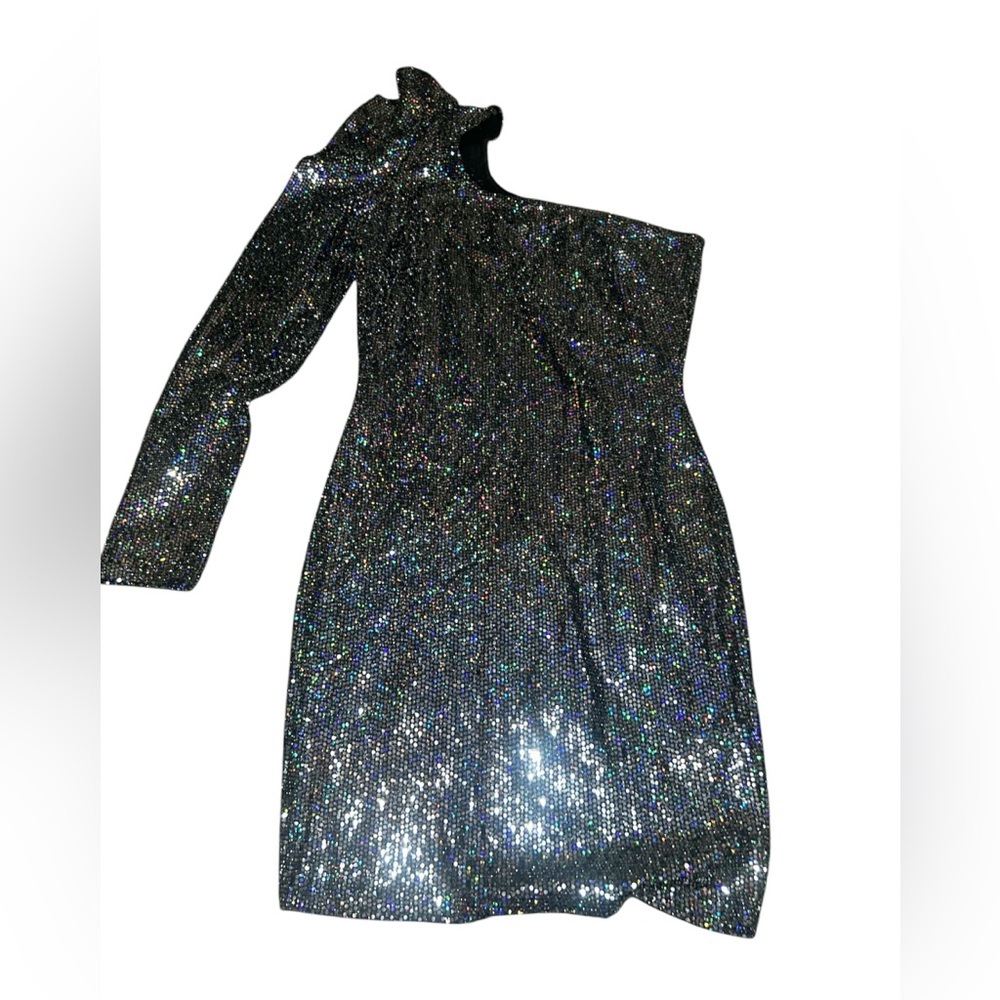Sabora Glitter Sequin Multi Color One Shoulder Long Sleeve Mini Dress Medium